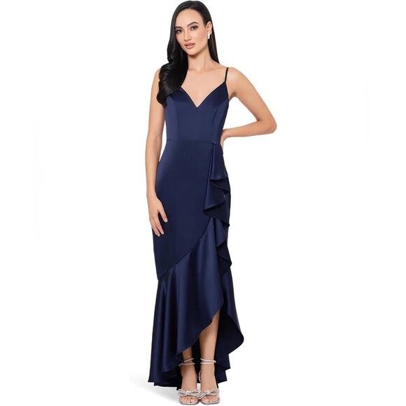 Xscape Satin Ruffle Dress Navy Blue Hi Low Maxi Formal Gown Sleeveless NWT Sz 12 - Picture 1 of 8